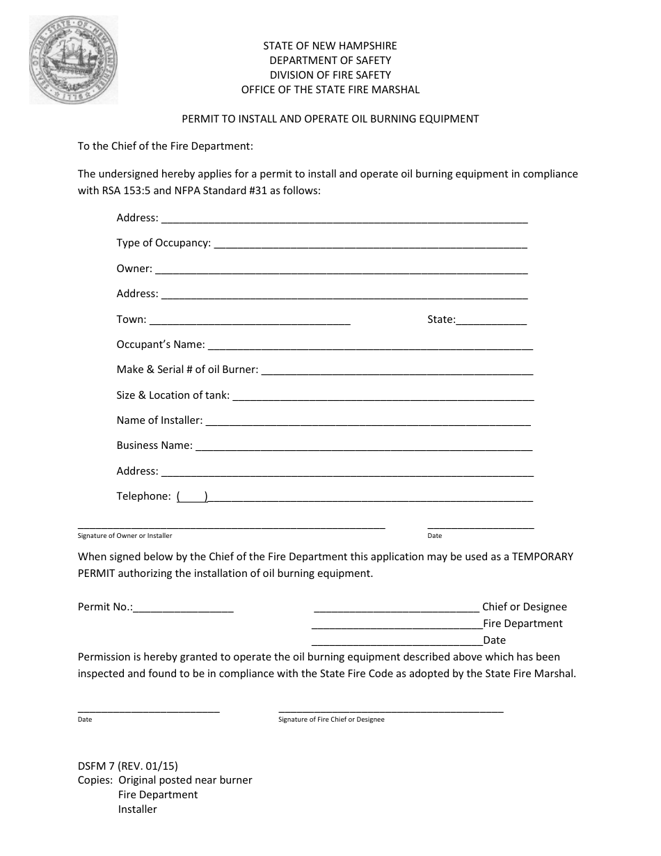 Form DSFM7 Permit to Install and Operate Oil Burning Equipment - New Hampshire, Page 1