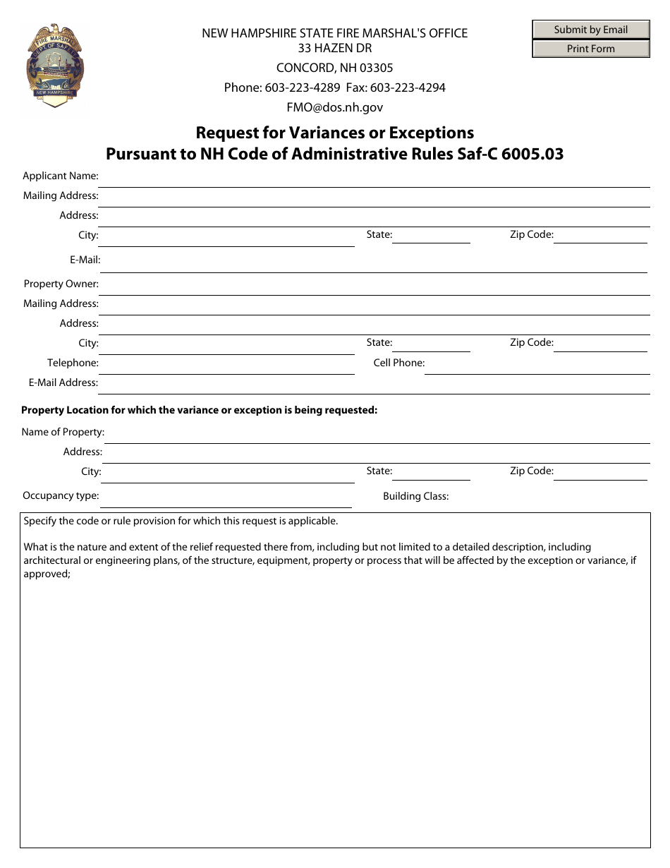Form DSFM129 Request for Variances or Exceptions - New Hampshire, Page 1