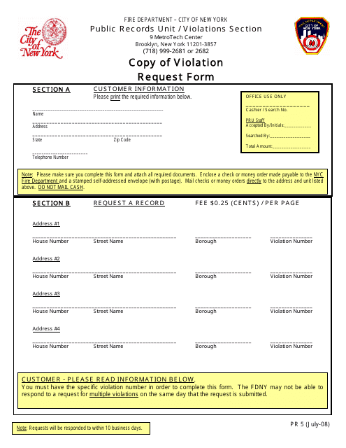 Form PR5 Copy of Violation Request Form - New York City