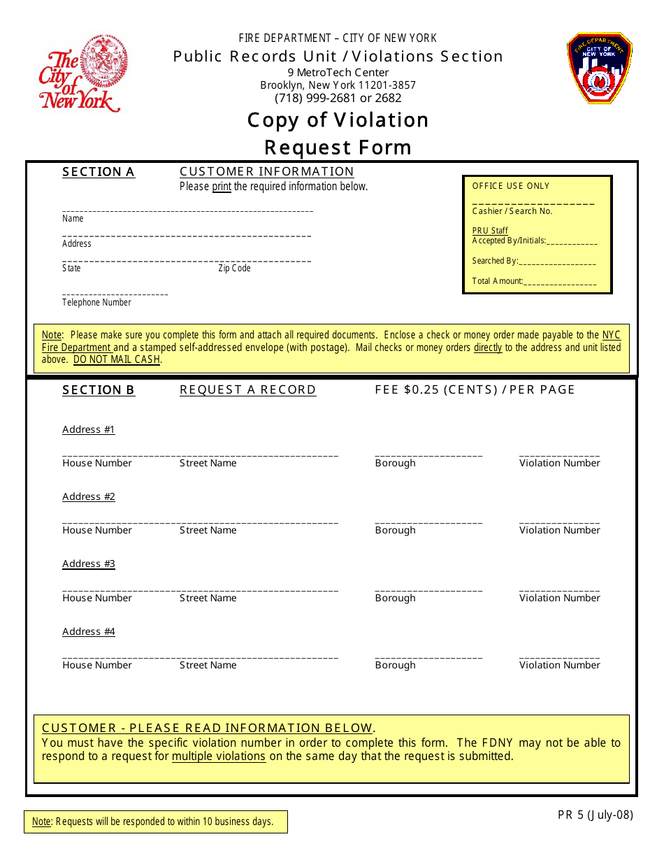 Form PR5 Copy of Violation Request Form - New York City, Page 1