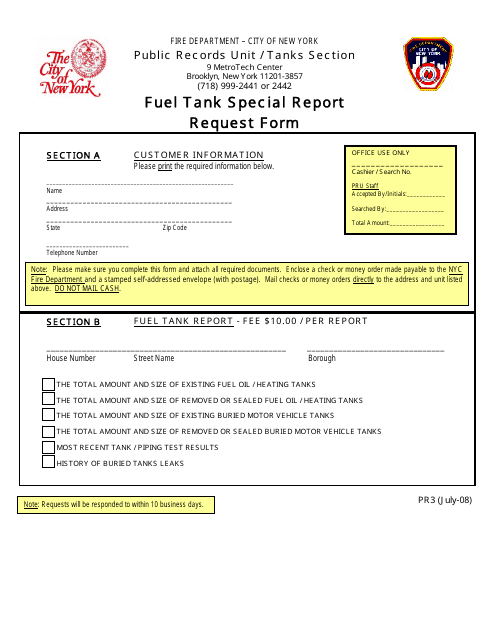 Form PR3 Fuel Tank Special Report Request Form - New York City