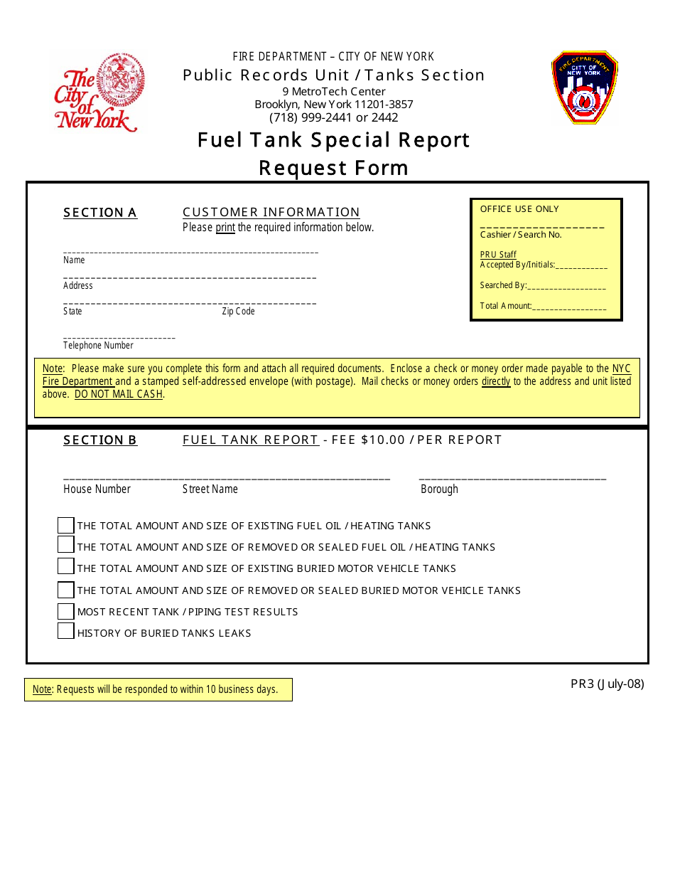 Form PR3 Fuel Tank Special Report Request Form - New York City, Page 1