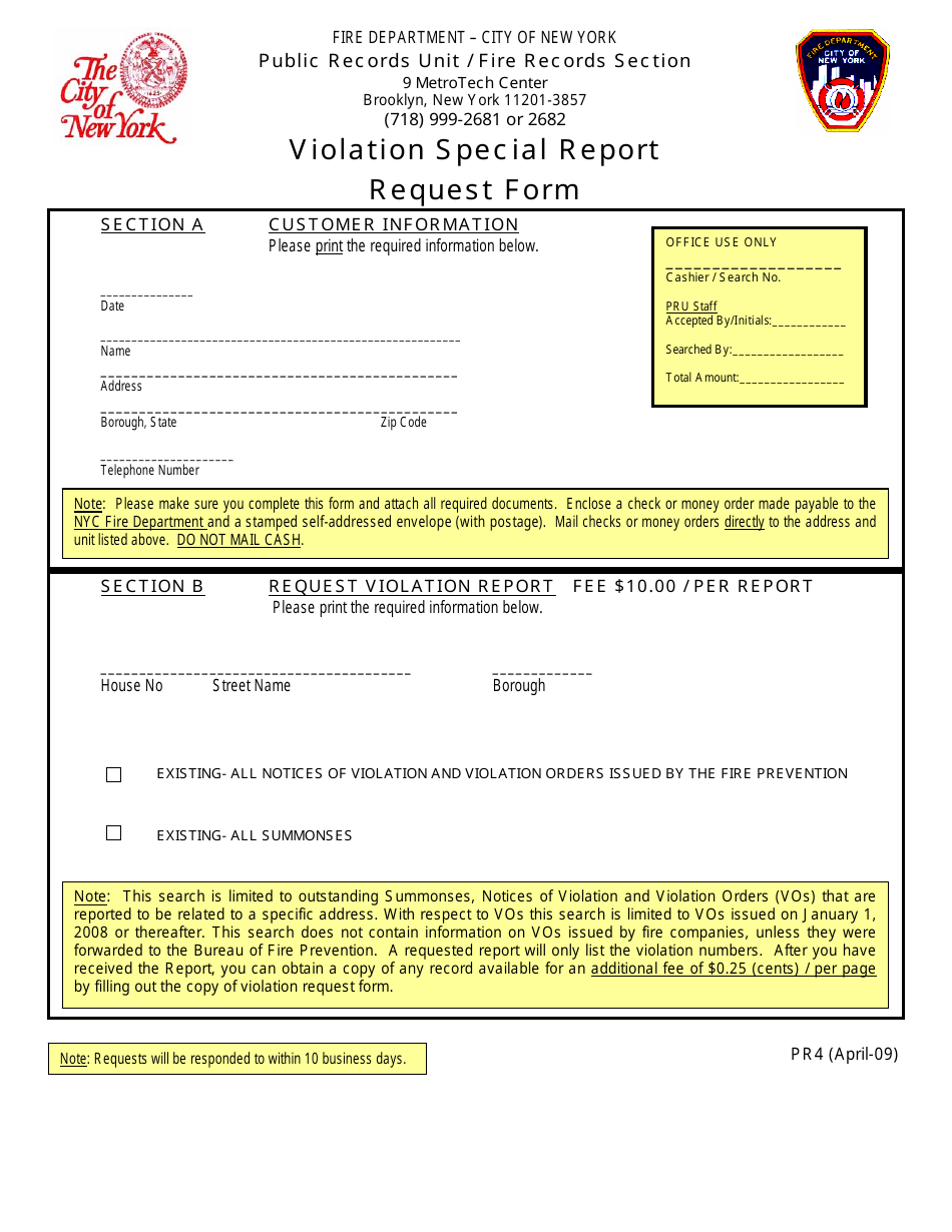 Form PR4 Violation Special Report Request Form - New York City, Page 1