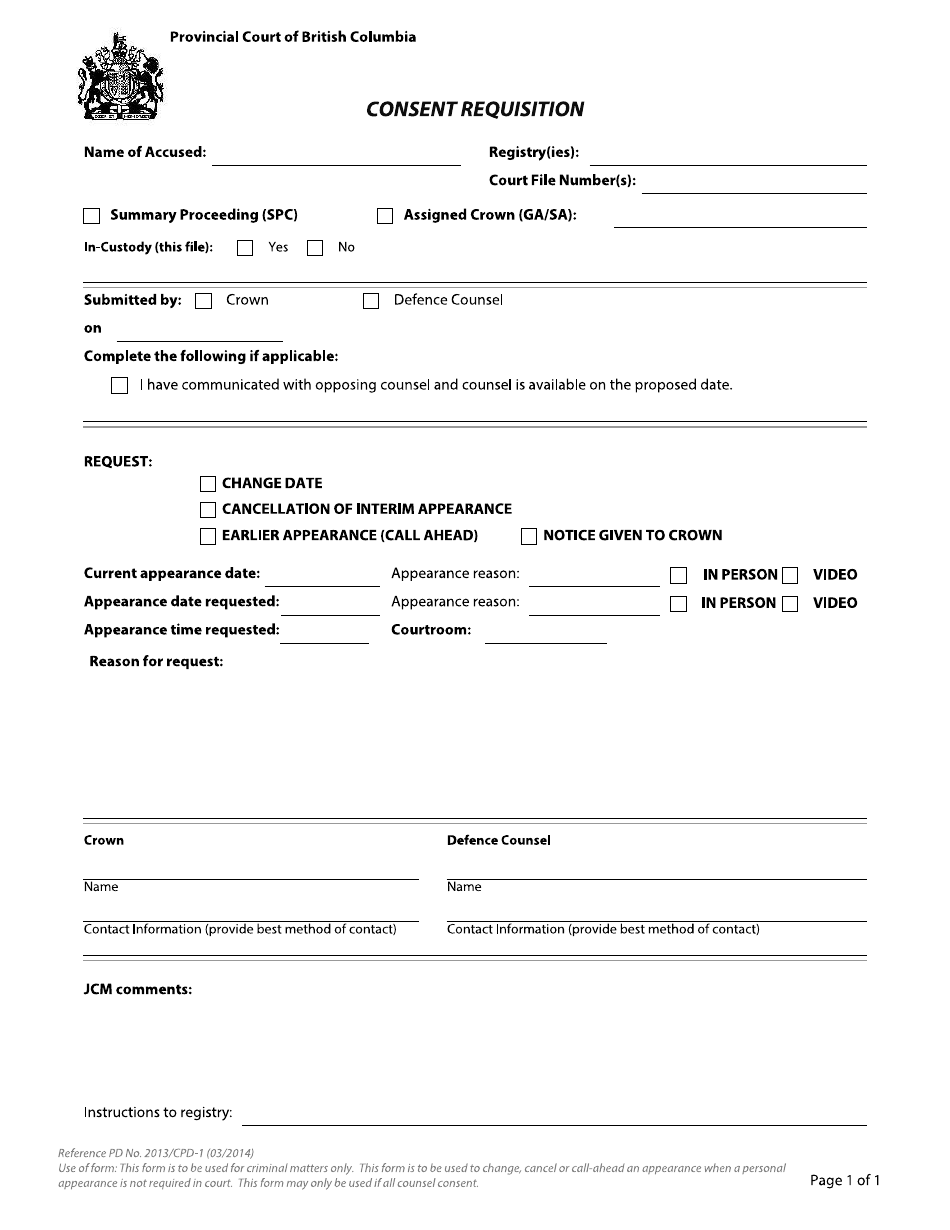 Form CPD-1 Consent Requisition - British Columbia, Canada, Page 1
