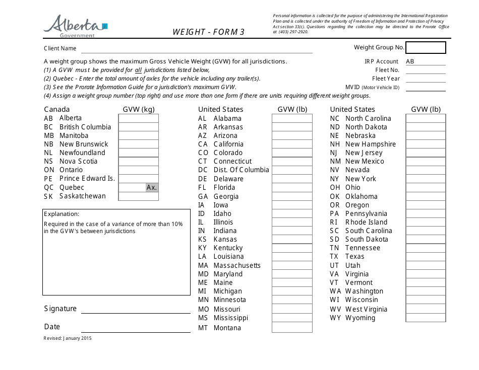 Form 3 Weight - Alberta, Canada, Page 1