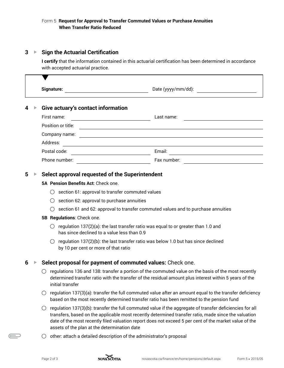 Form 5 Request for Approval to Transfer Commuted Values or Purchase Annuities When Transfer Ratio Reduced - Nova Scotia, Canada, Page 2