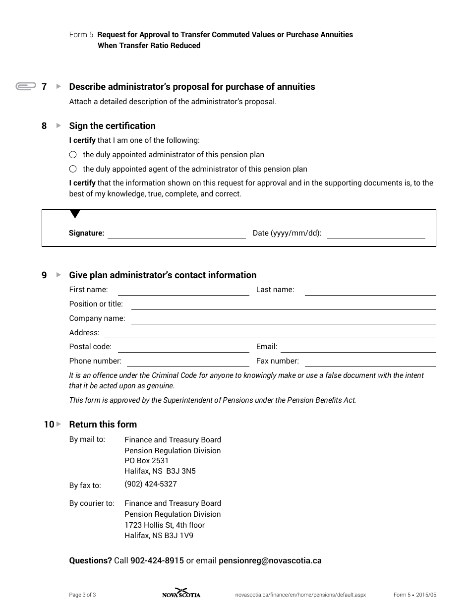 Form 5 Request for Approval to Transfer Commuted Values or Purchase Annuities When Transfer Ratio Reduced - Nova Scotia, Canada, Page 3