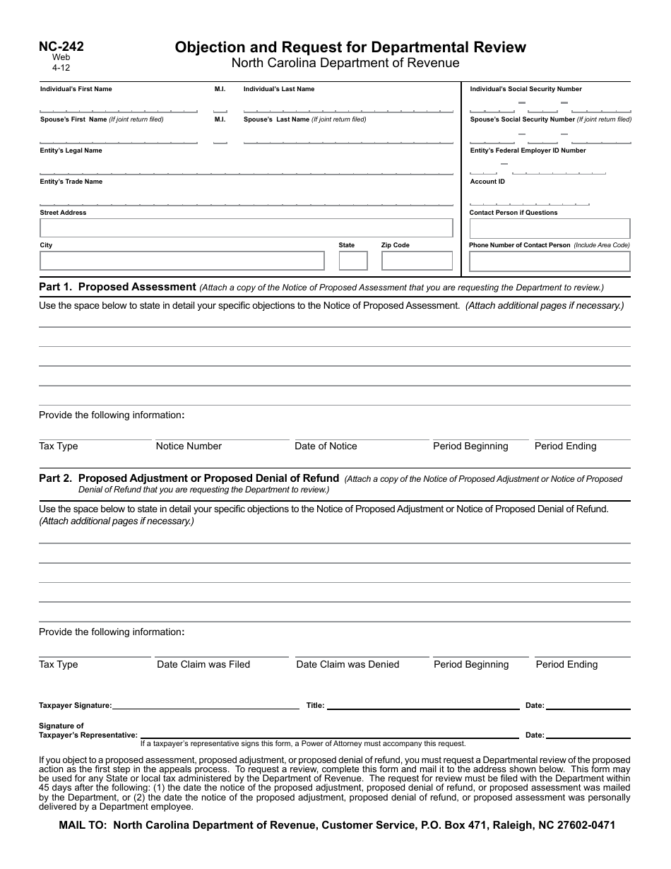 Form NC-242 Objection and Request for Departmental Review - North Carolina, Page 1