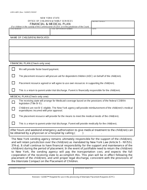 Form LDSS-4251 Financial and Medical Plan - New York