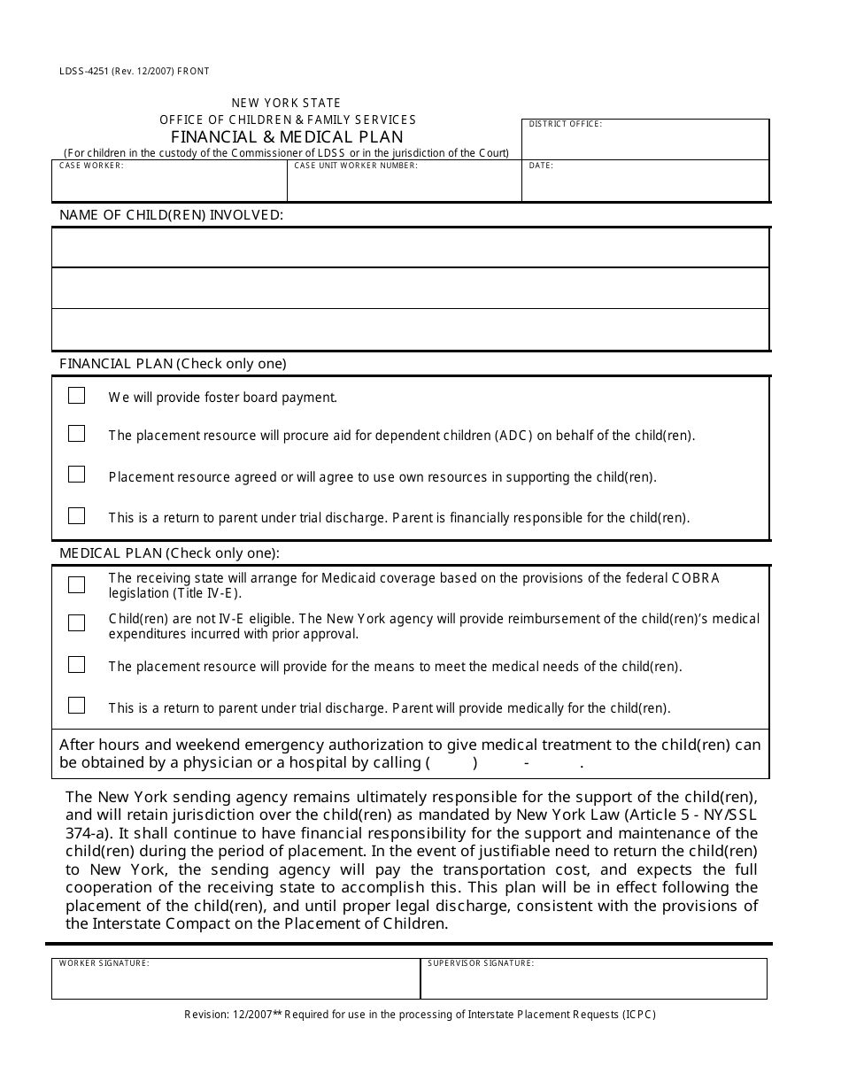 Form LDSS-4251 Financial and Medical Plan - New York, Page 1