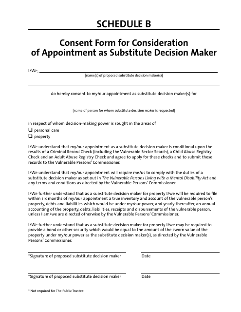 Schedule B Consent Form for Consideration of Appointment as Substitute Decision Maker - Manitoba, Canada