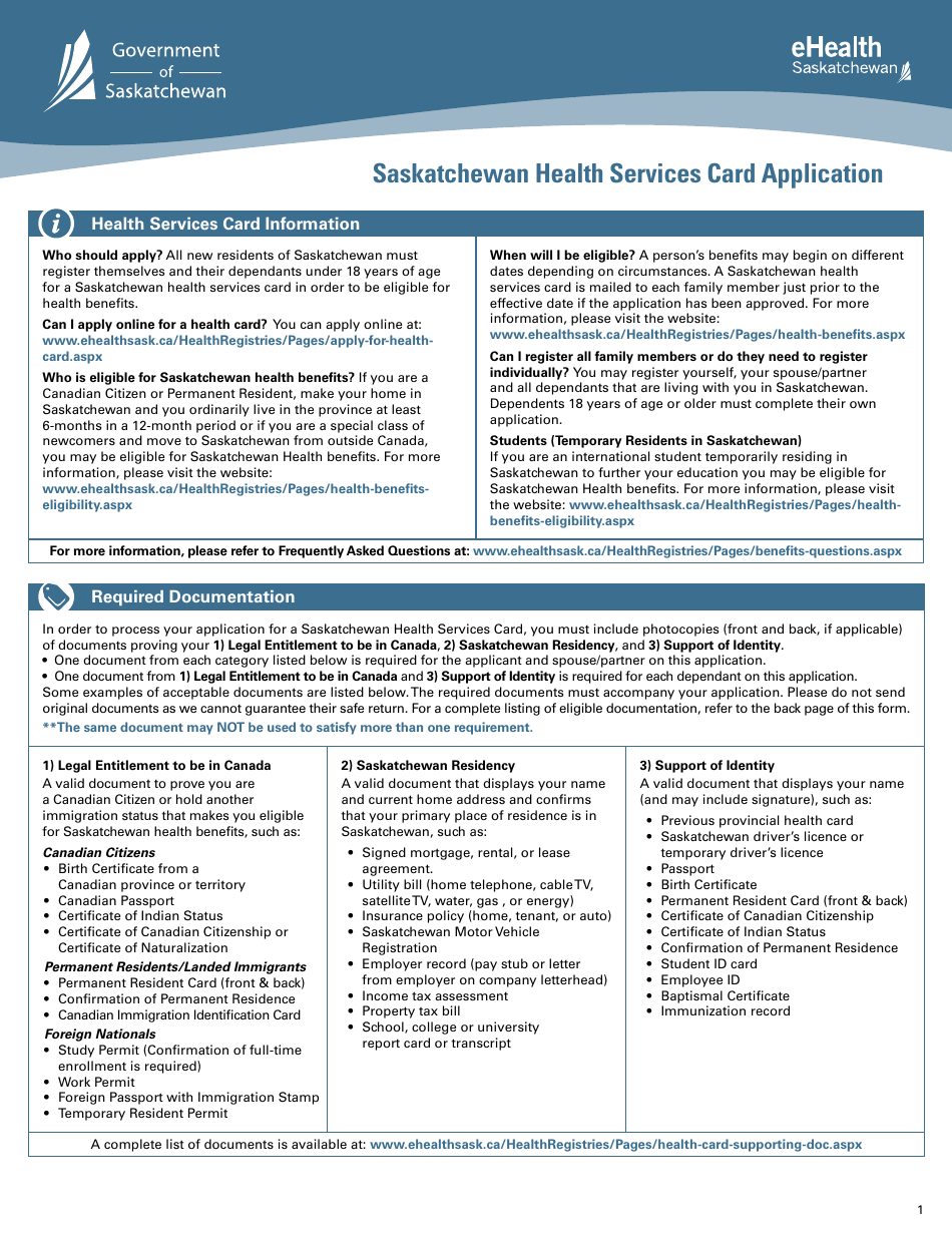 Saskatchewan Health Services Card Application - Saskatchewan, Canada, Page 1