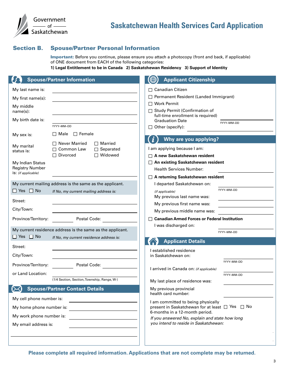 Saskatchewan Health Services Card Application - Saskatchewan, Canada, Page 3