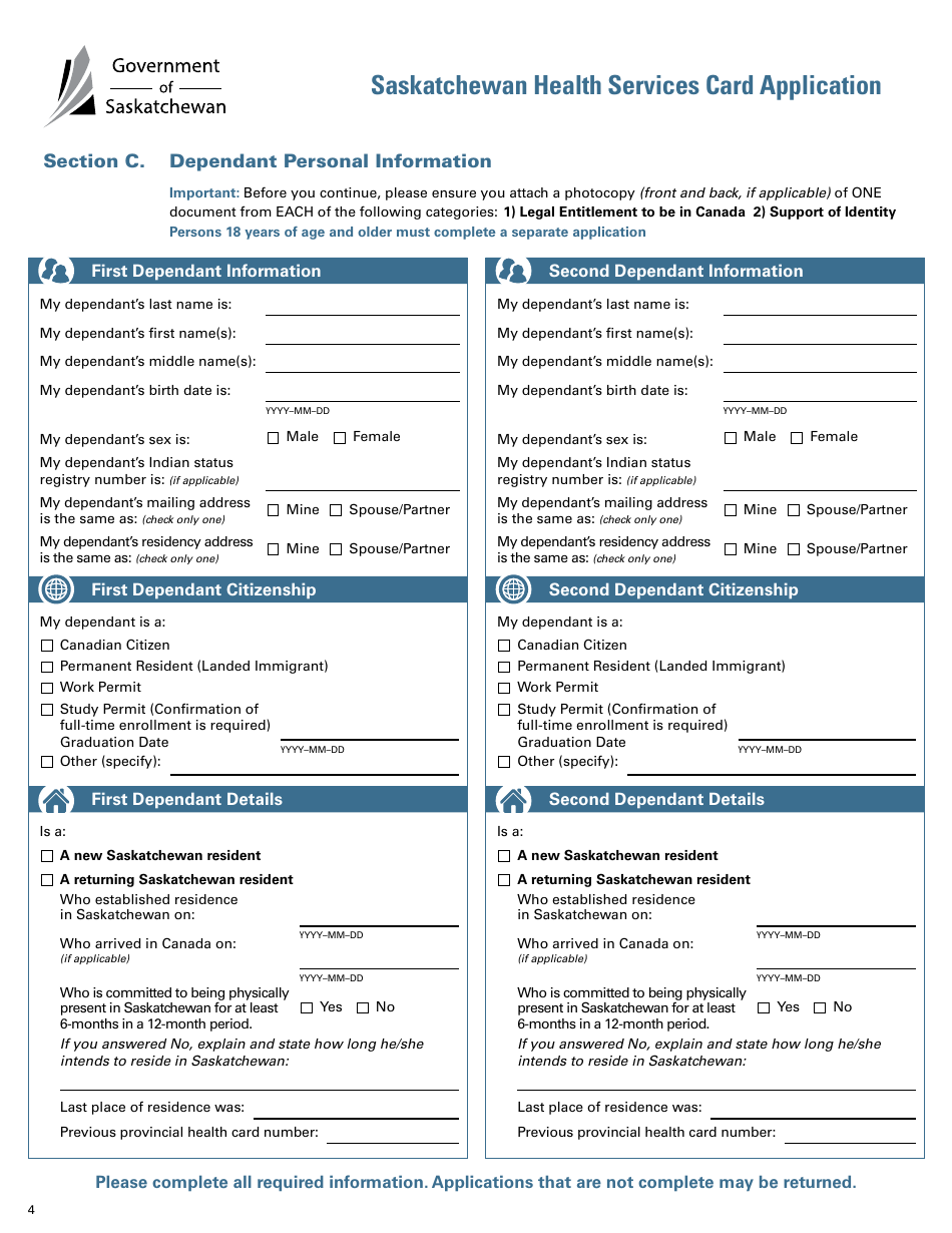 Saskatchewan Health Services Card Application - Saskatchewan, Canada, Page 4
