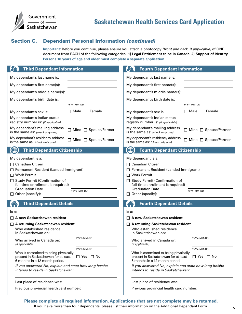 Saskatchewan Health Services Card Application - Saskatchewan, Canada, Page 5