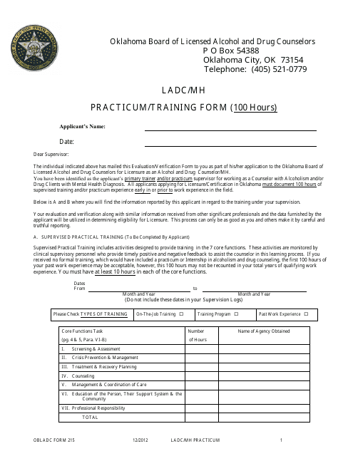 OBLADC Form 215 Ladc/Mh Practicum/Training Form (100 Hours) - Oklahoma