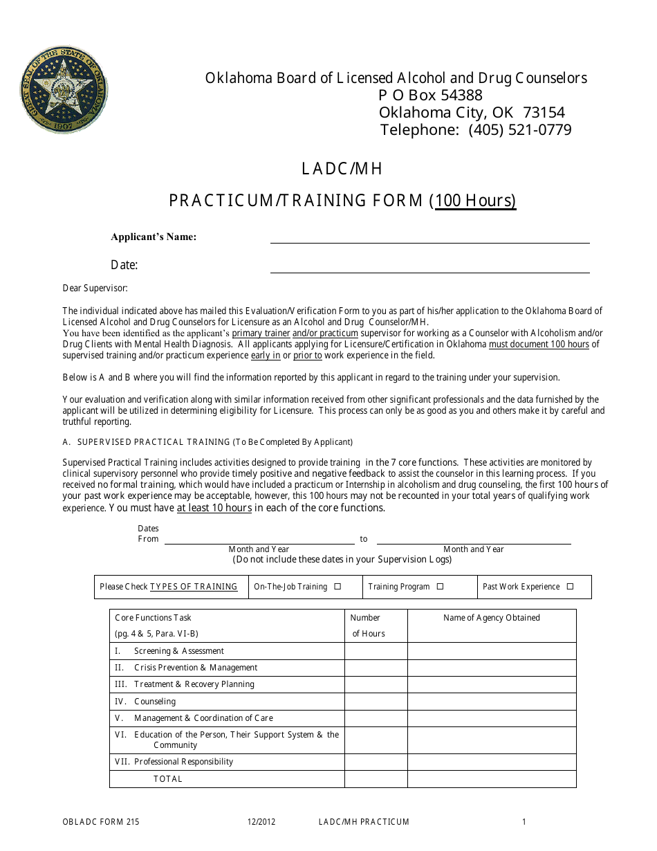 OBLADC Form 215 Ladc / Mh Practicum / Training Form (100 Hours) - Oklahoma, Page 1
