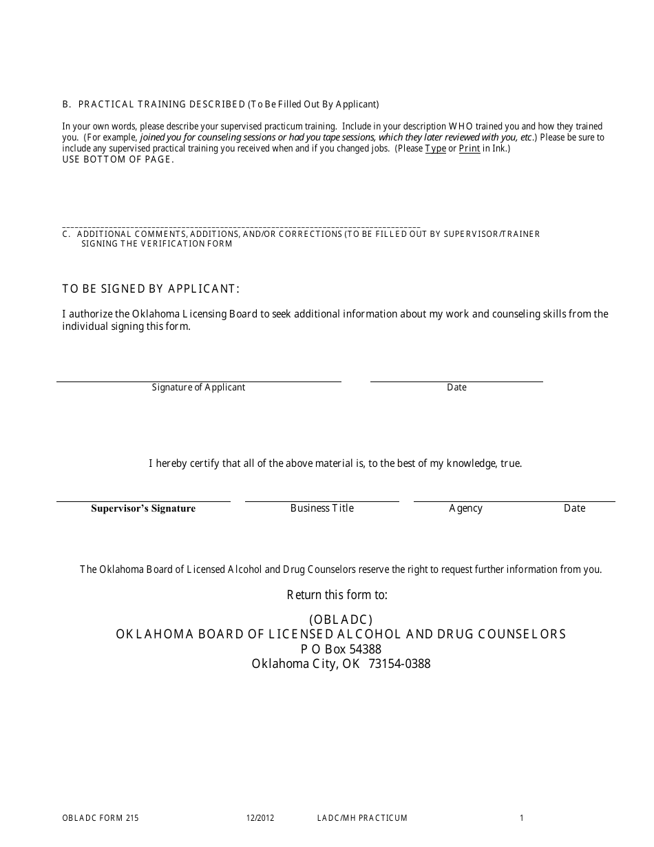 OBLADC Form 215 Ladc / Mh Practicum / Training Form (100 Hours) - Oklahoma, Page 2