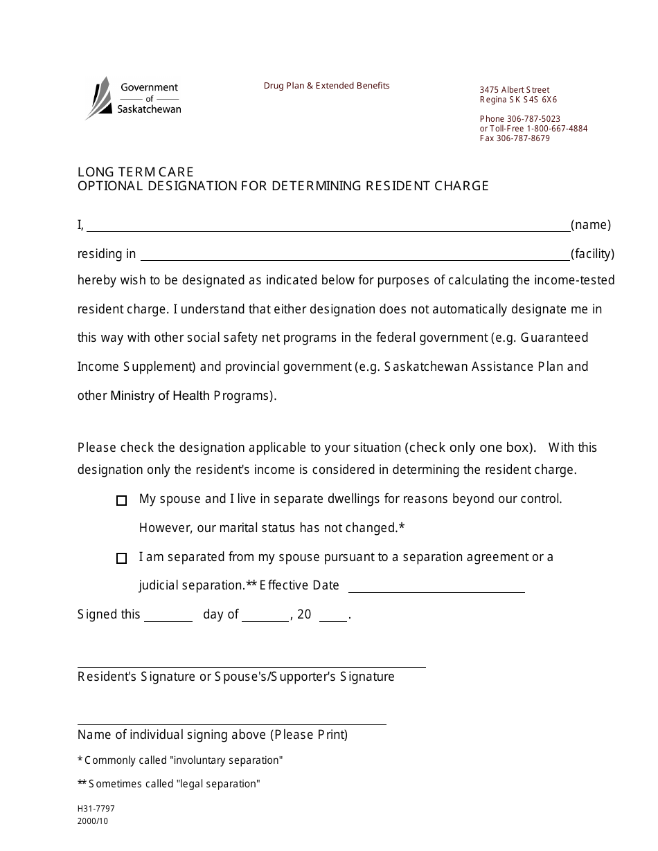 Form H31-7797 Long Term Care Optional Designation for Determining Resident Charges - Saskatchewan, Canada, Page 1