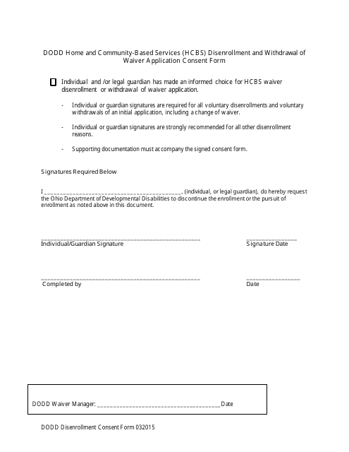 Dodd Home and Community-Based Services (Hcbs) Disenrollment and Withdrawal of Waiver Application Consent Form - Ohio Download Pdf