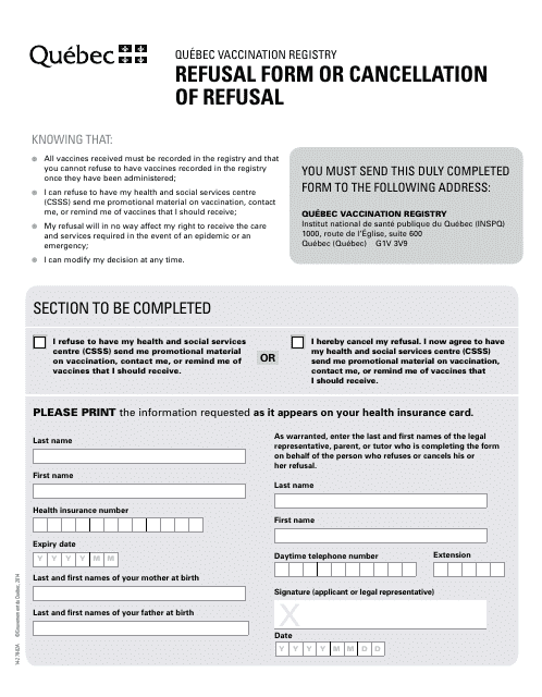 Form 14-278-02A Refusal Form or Cancellation or Refusal - Quebec, Canada