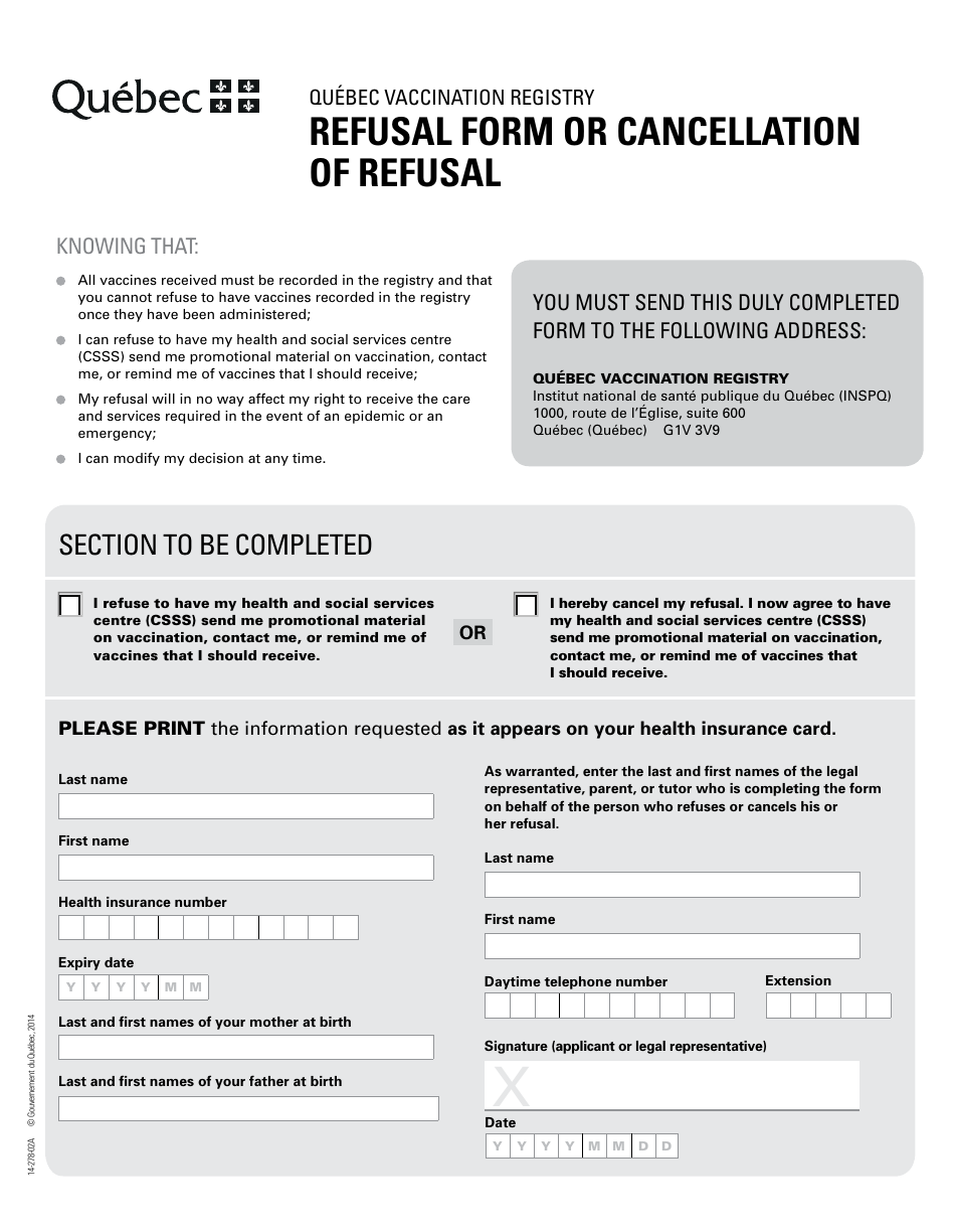 Form 14-278-02A Refusal Form or Cancellation or Refusal - Quebec, Canada, Page 1