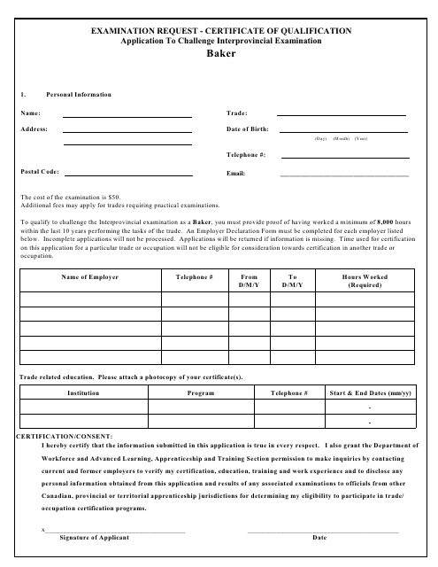 Application to Challenge the Baker Interprovincial Exam - Prince Edward Island, Canada Download Pdf