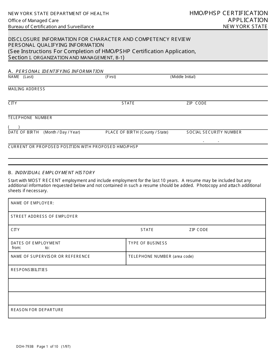Form DOH-793B Disclosure Information for Character and Competency Review - New York, Page 1