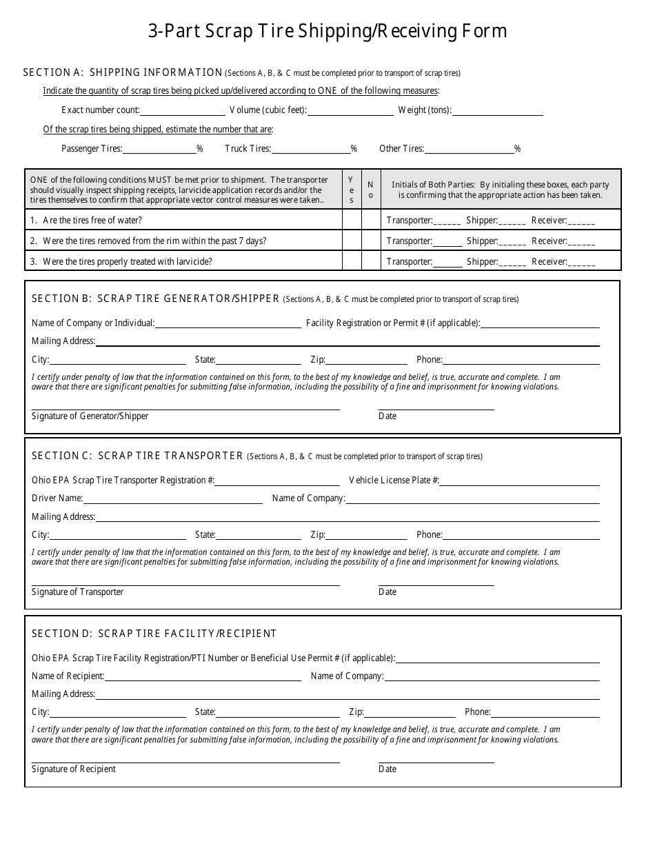 Ohio 3-part Scrap Tire Shipping/Receiving Form - Fill Out, Sign Online ...