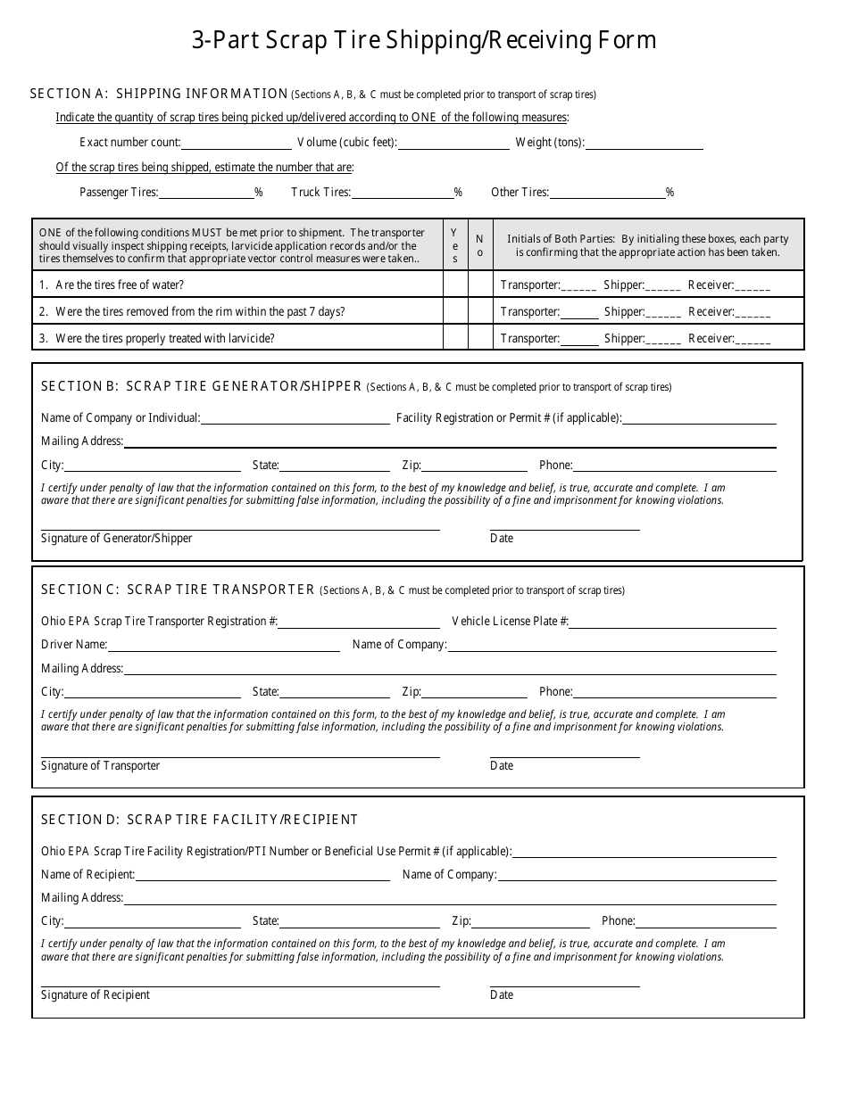 3-part Scrap Tire Shipping / Receiving Form - Ohio, Page 1