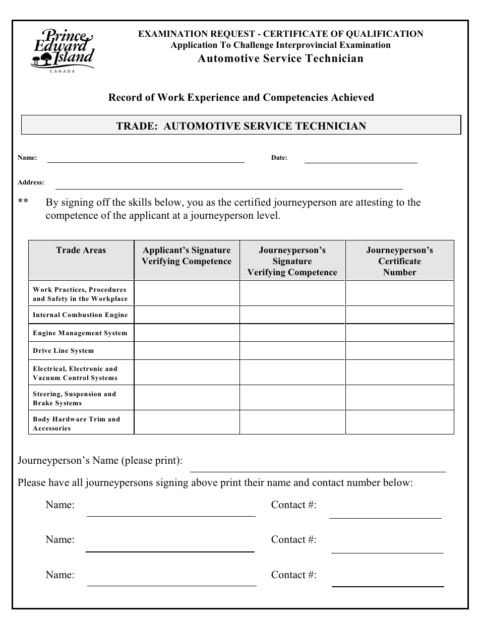 Application to Challenge the Automotive Service Technician Interprovincial Exam - Prince Edward Island, Canada, Page 3