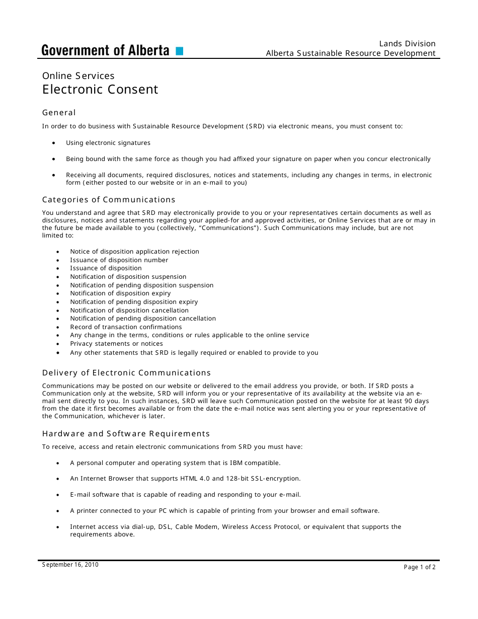 Online Services Electronic Consent - Alberta, Canada, Page 1