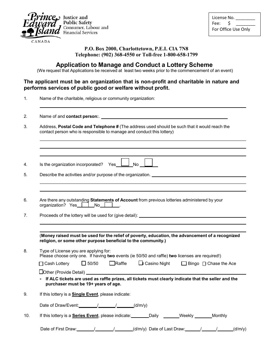 Application to Manage and Conduct a Lottery Scheme - Prince Edward Island, Canada, Page 1
