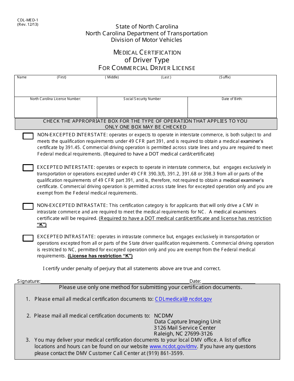 Form CDL-MED-1 Medical Certification of Driver Type for Commercial Driver License - North Carolina, Page 1