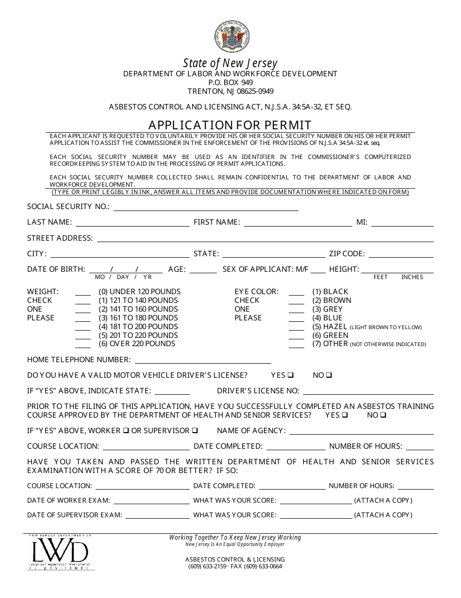 Application for Permit - New Jersey, Page 1