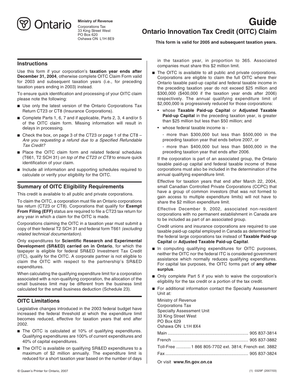 Form 0329F Ontario Innovation Tax Credit (Oitc) Claim - Ontario, Canada, Page 1