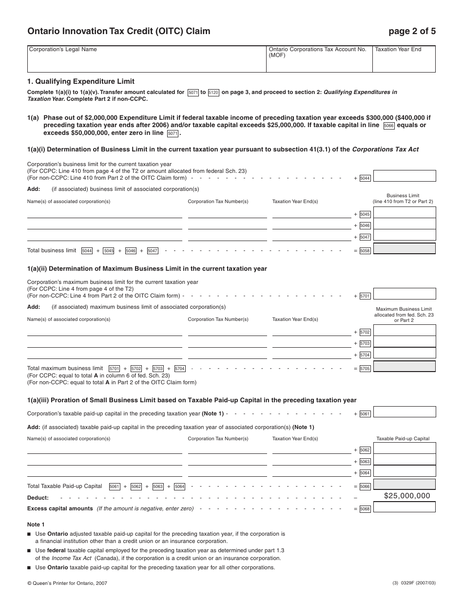 Form 0329F Ontario Innovation Tax Credit (Oitc) Claim - Ontario, Canada, Page 3