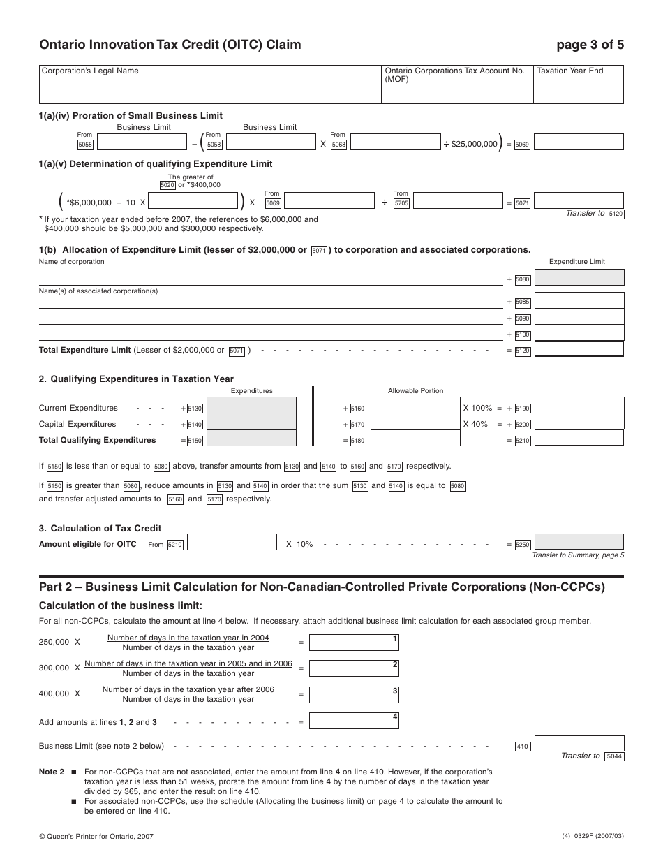 Form 0329F Ontario Innovation Tax Credit (Oitc) Claim - Ontario, Canada, Page 4