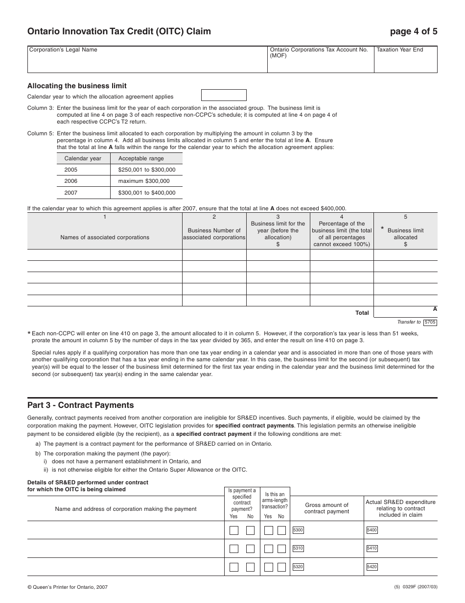 Form 0329F Ontario Innovation Tax Credit (Oitc) Claim - Ontario, Canada, Page 5