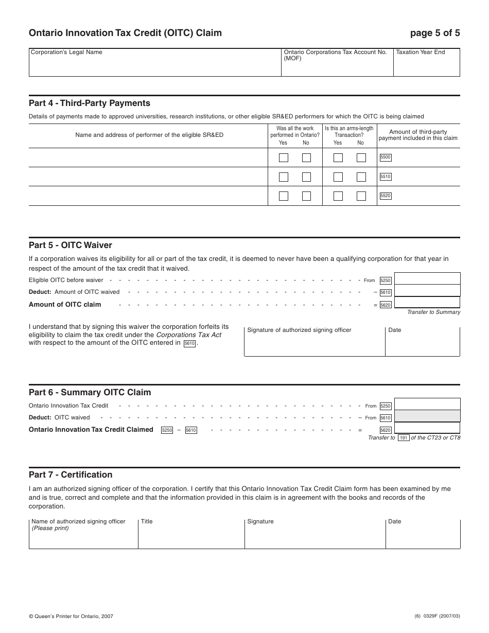 Form 0329F Ontario Innovation Tax Credit (Oitc) Claim - Ontario, Canada, Page 6
