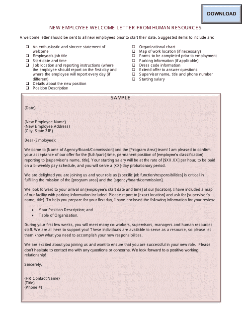 Sample &quot;New Employee Welcome Letter From Human Resources&quot; - Ohio Download Pdf