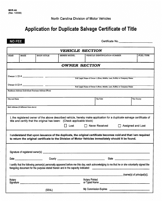 Form MVR-4A Application for a Duplicate Salvage Certificate of Title - North Carolina