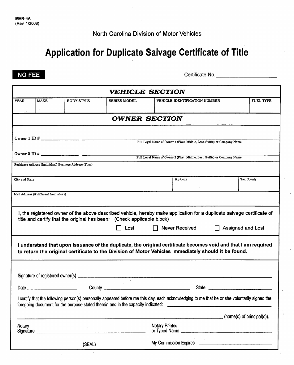 Form MVR-4A Application for a Duplicate Salvage Certificate of Title - North Carolina, Page 1