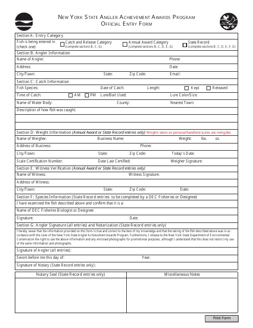 &quot;New York State Angler Achievement Awards Program Official Entry Form&quot; - New York Download Pdf