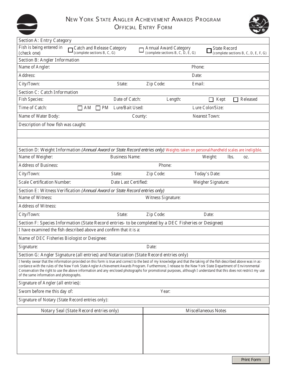 New York State Angler Achievement Awards Program Official Entry Form - New York, Page 1