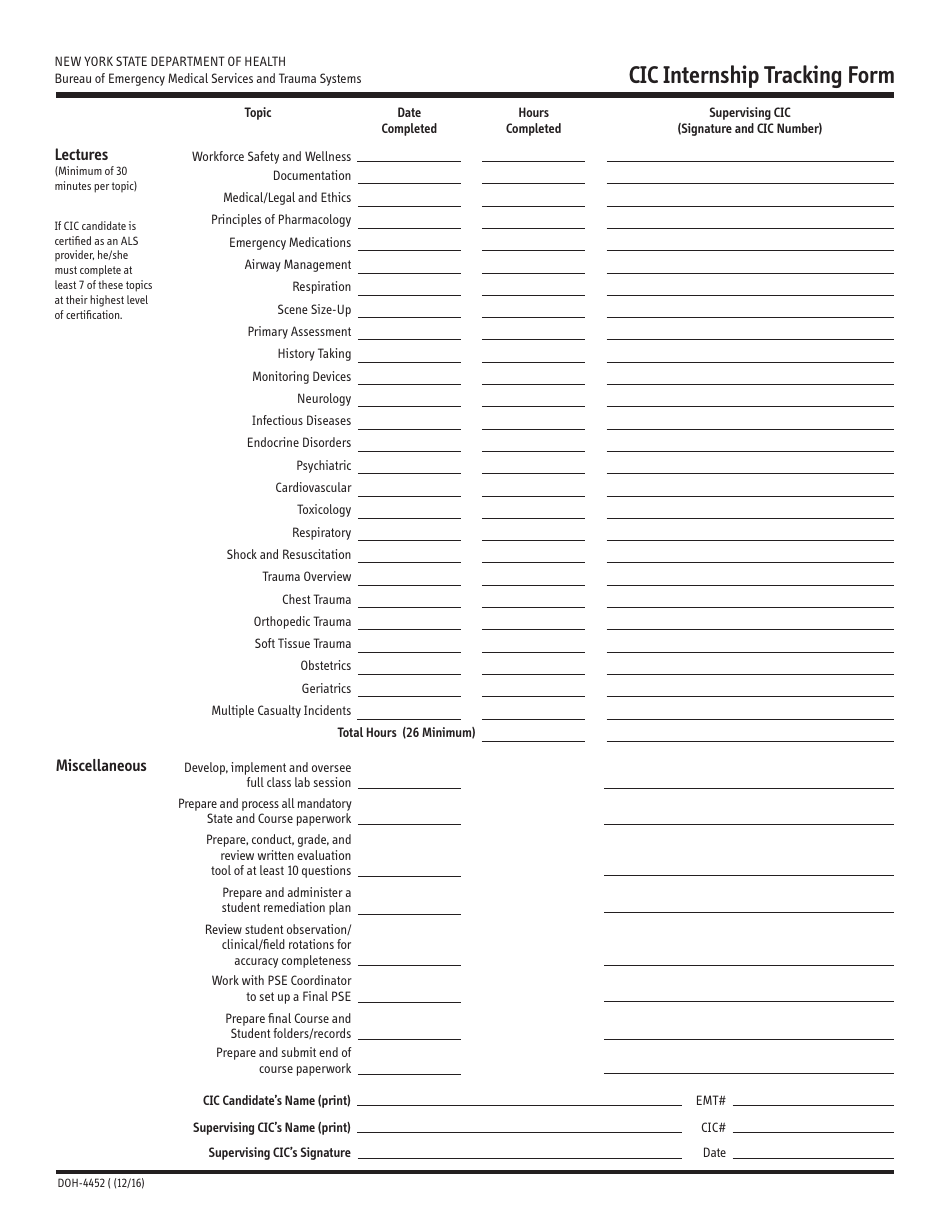 Form DOH-4452 Cic Internship Tracking Form - New York, Page 1