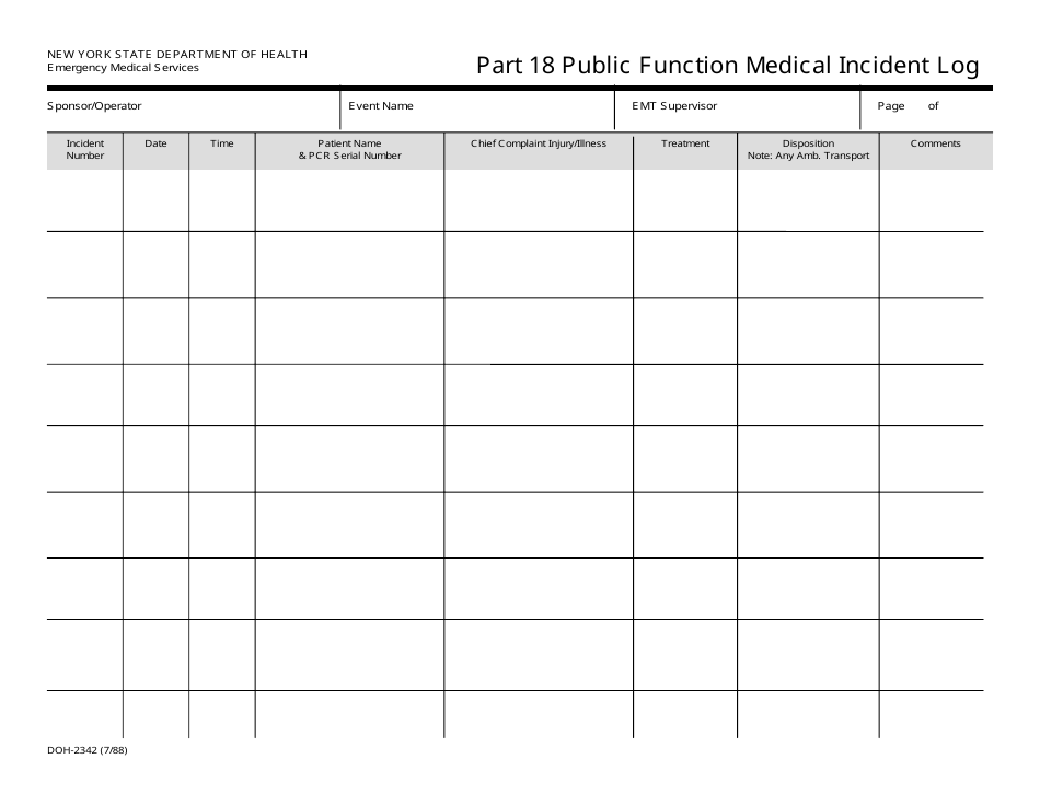 Form DOH-2342 Part 18 Public Function Medical Incident Log - New York, Page 1