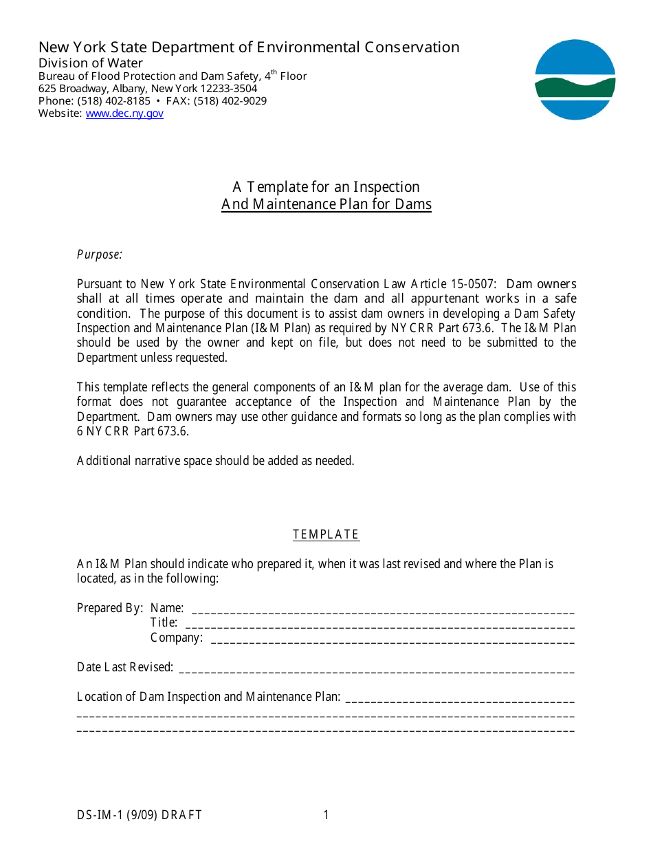 Form DS-IM-1 A Template for an Inspection and Maintenance Plan for Dams - New York, Page 1