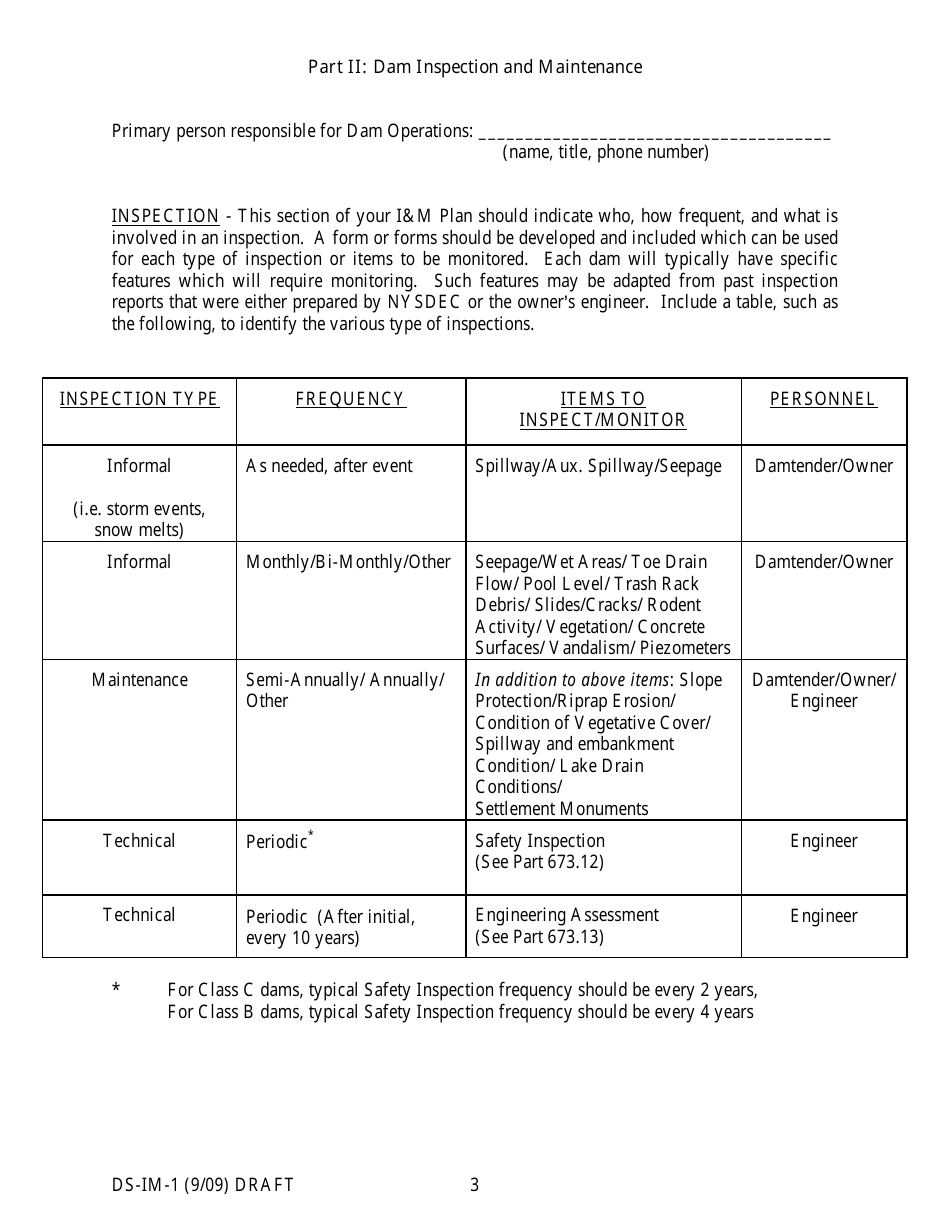 Form DS-IM-1 A Template for an Inspection and Maintenance Plan for Dams - New York, Page 3