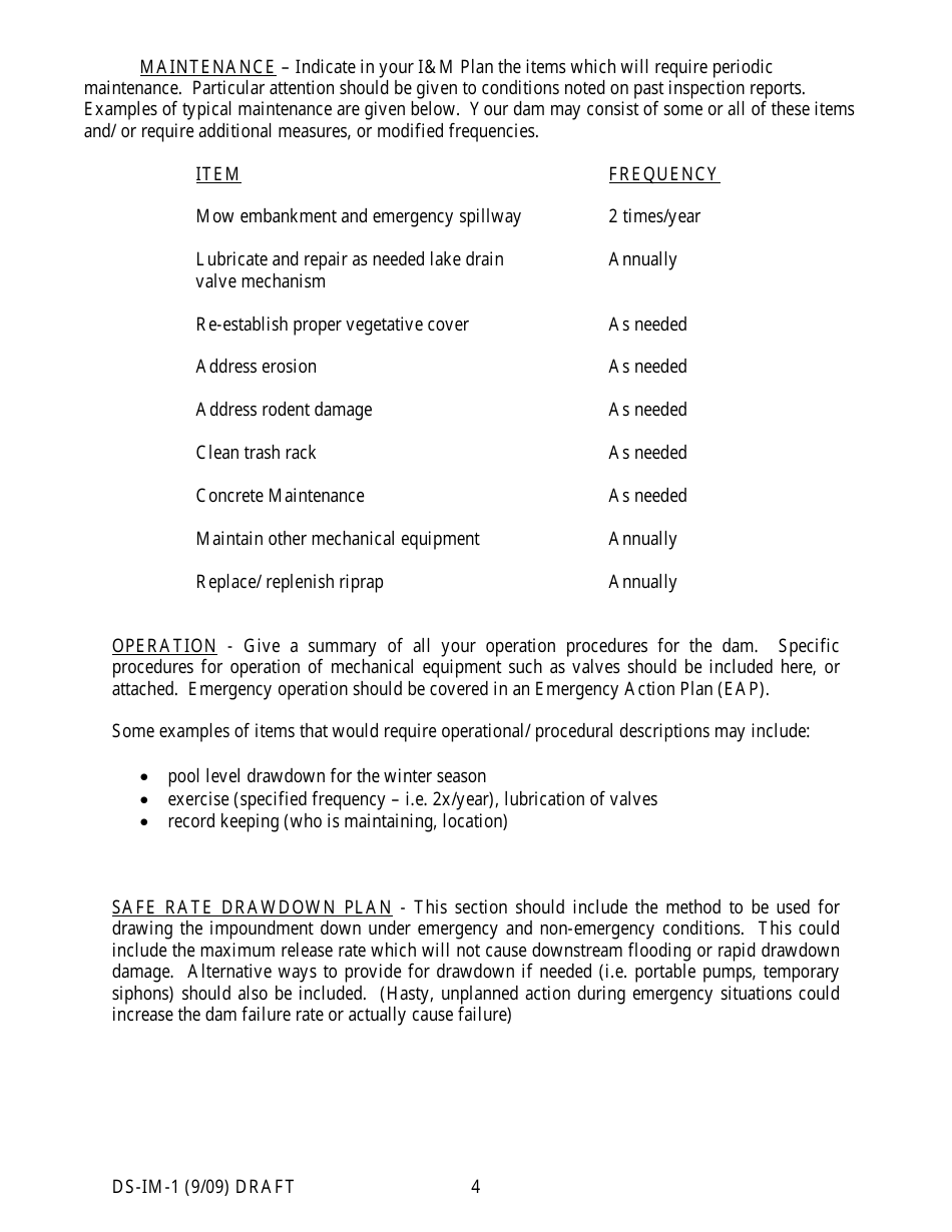 Form DS-IM-1 A Template for an Inspection and Maintenance Plan for Dams - New York, Page 4